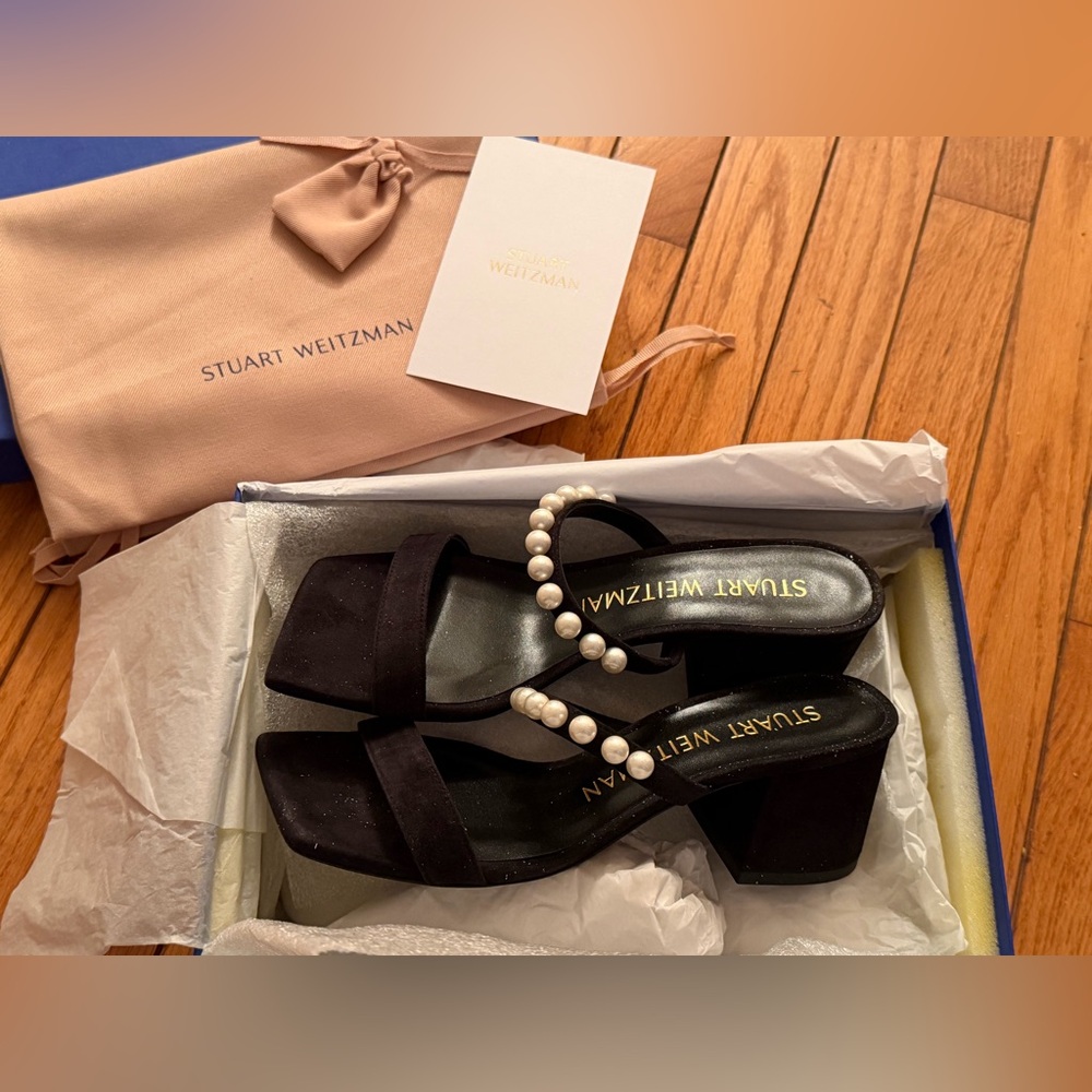 Stuart Weitzman Black Pearl Strap Block Heels